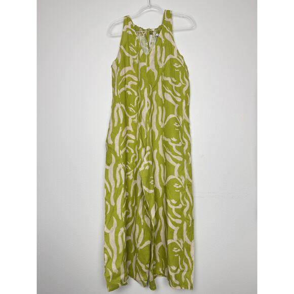 Linen Jumpsuit Womens OS One size Green Abstract Wide Leg Sleeveless Tie Relaxed - Picture 12 of 13